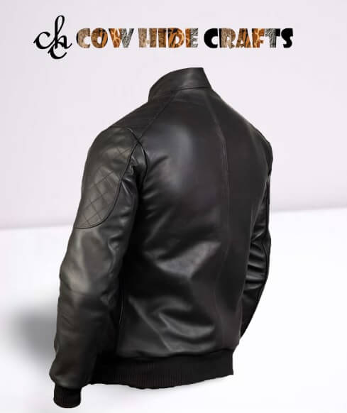 Elastic rib knit waist and cuffs on black biker leather jacket