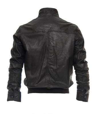 Rib knit waist and cuffs on men's black leather bomber jacket