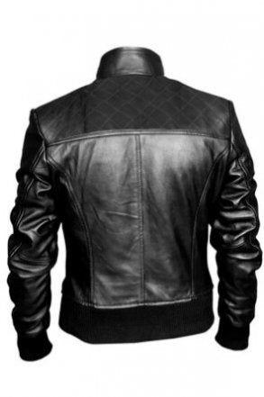 Ribbed knit waist and cuffs detail on dark knight leather jacket