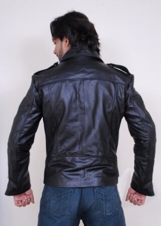 Men's biker leather jacket with waist belt styled for riding