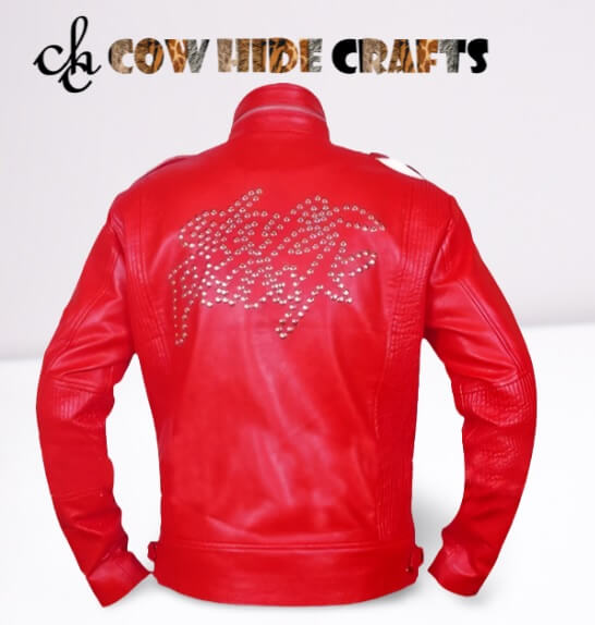Name embossed with metal rivets on back of red leather jacket