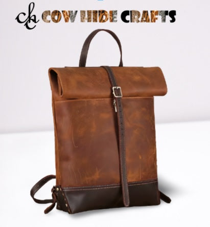 Roll top distress brown leather rucksack