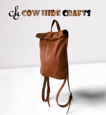 Rolltop hiking leather backpack brown tan