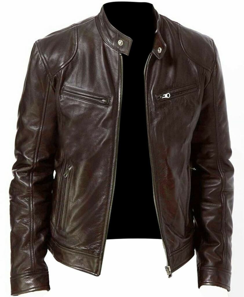 Round collar and zipper detail on brown PU leather biker jacket