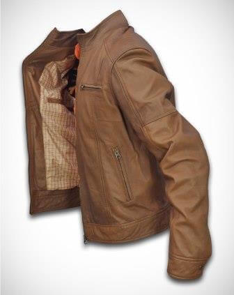 Round collar and zipper detail on sand sheep leather jacket