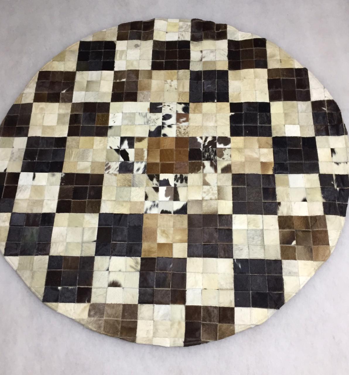 Round cowhide rug square block mixed shade palette