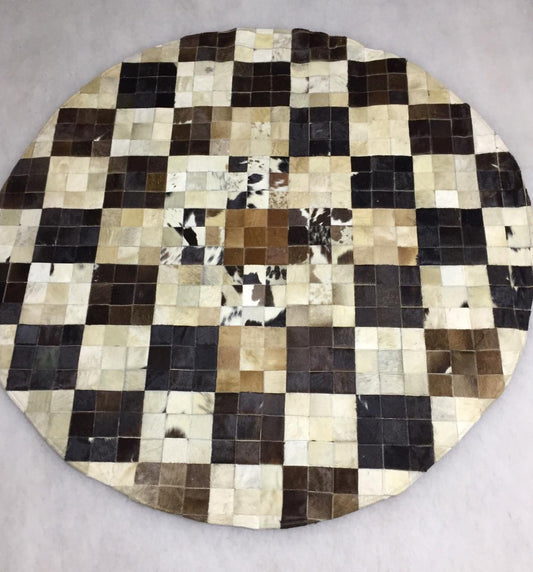 Round cowhide rug square block mixed shade palette