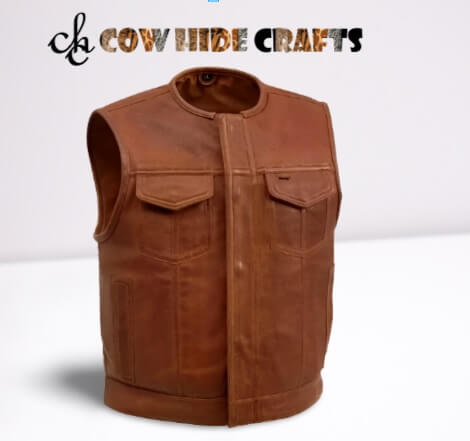 Round neck leather vest tan