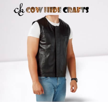round neck sleeveless leather jacket