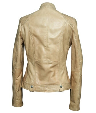 Round snap button collar detail on women's beige leather jacket