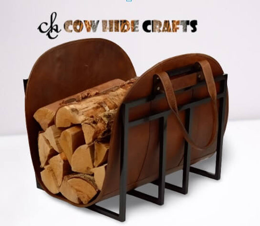 Rustic brown leather fire log carrier fireplace decor