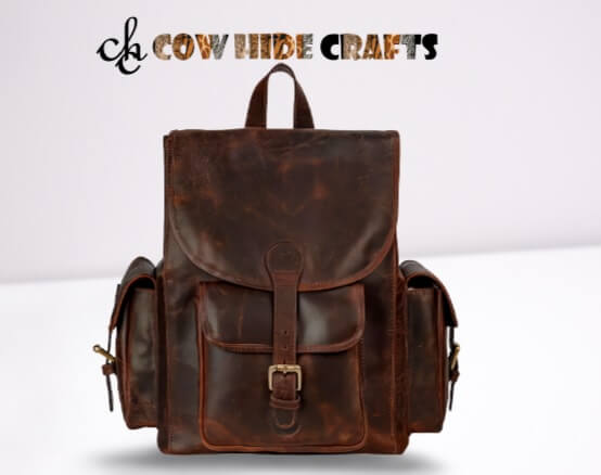 Rustic brown military leather backpack front