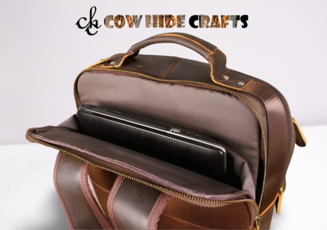 rustic leather backpack with laptop sleeve
