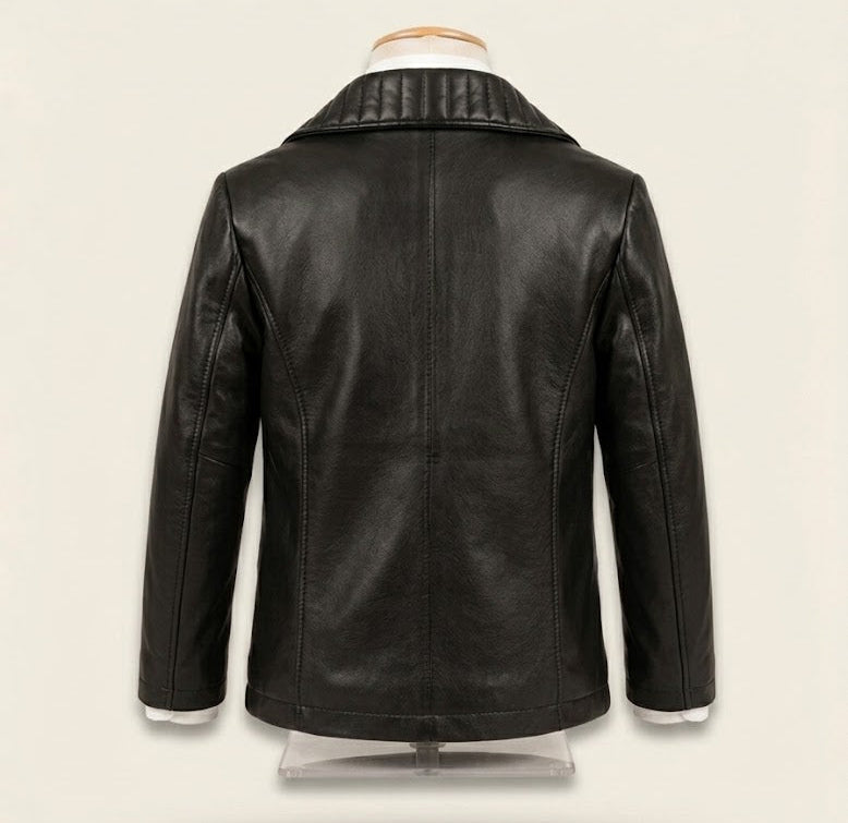 Back view of men's shawl collar leather jacket