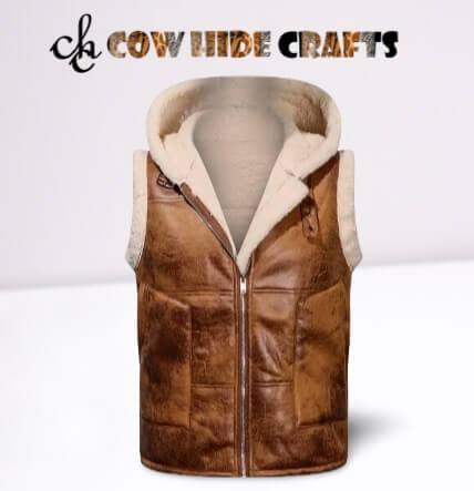 Sheep fur outline collar detail on tan RAF leather vest