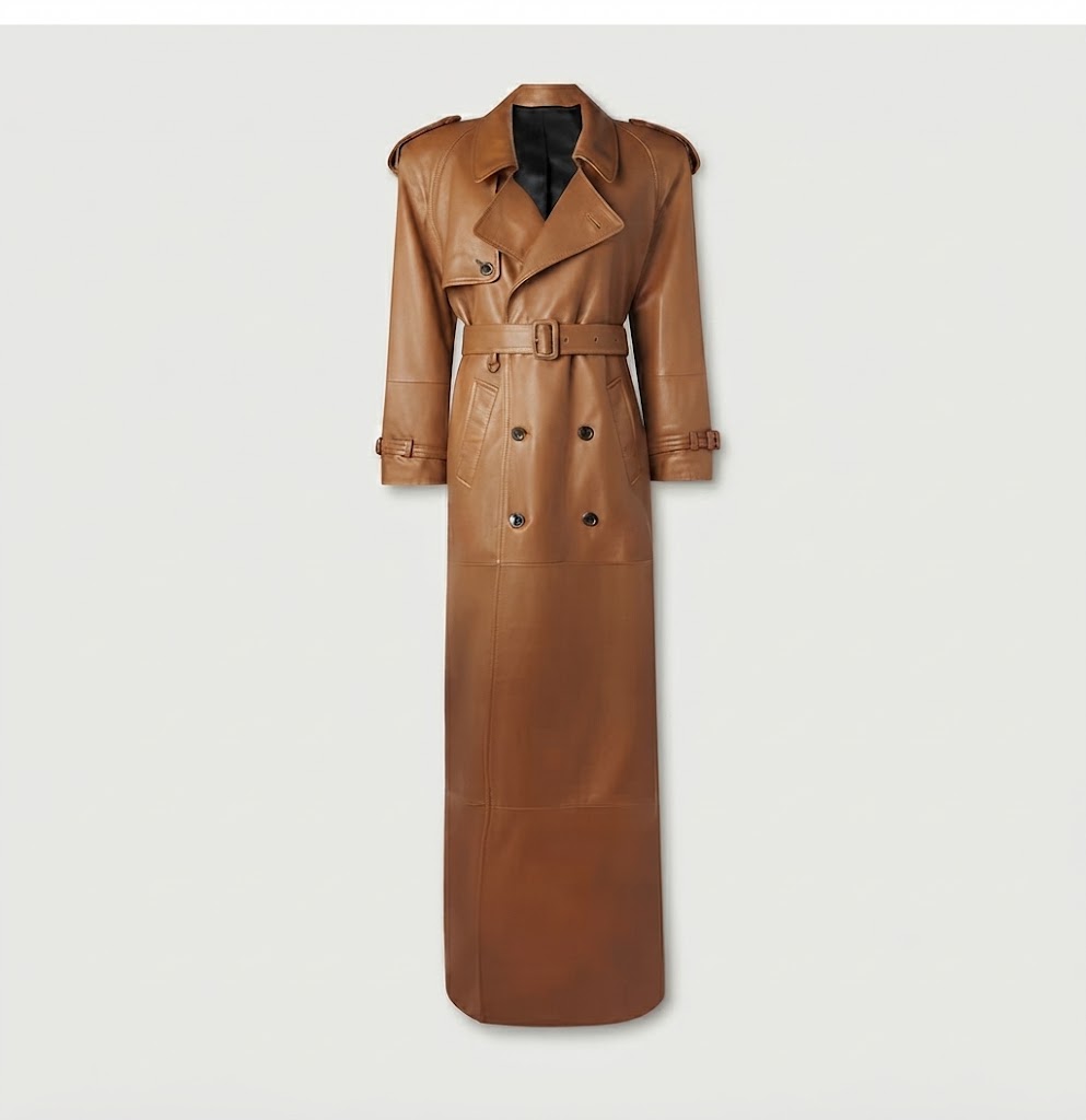 Double-breasted button closure detail on sheepskin trench coat