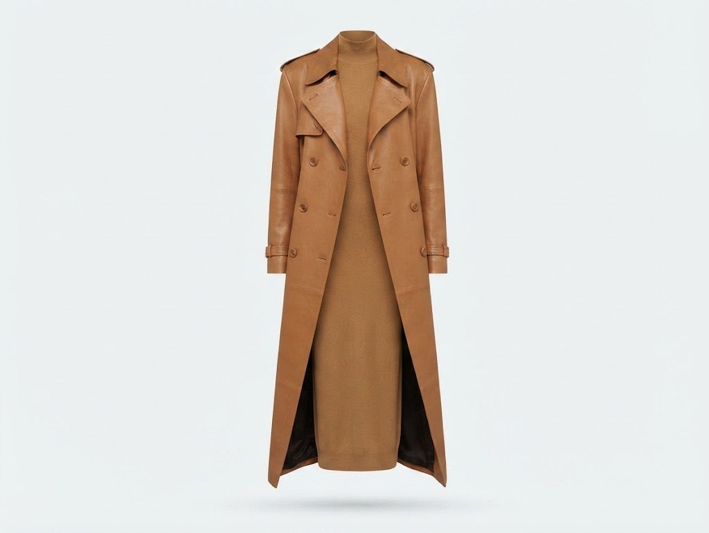 Removable waist belt and buckle detail on sheepskin trench coat