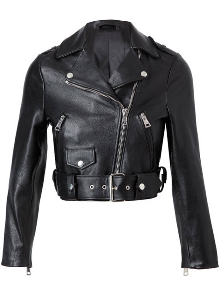 Women's short waist belted sheepskin leather jacket front