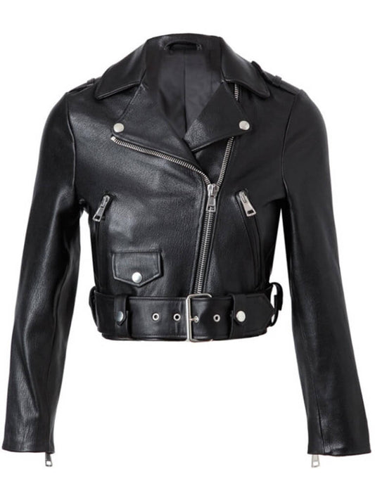 Women's short waist belted sheepskin leather jacket front