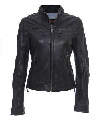 Short waist navy blue sheepskin leather jacket