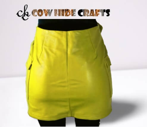 Short waisted yellow lambskin skirt with flap closure pockets