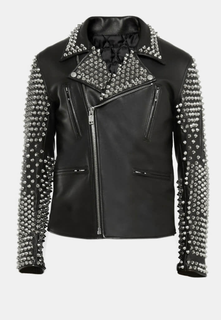 Men's silver rivets black sheepskin leather jacket front