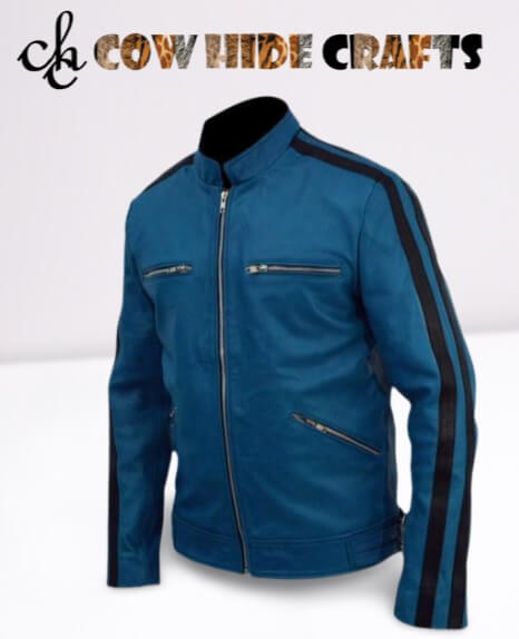 Silver zipper and outside pockets on Dirk Gently blue jacket