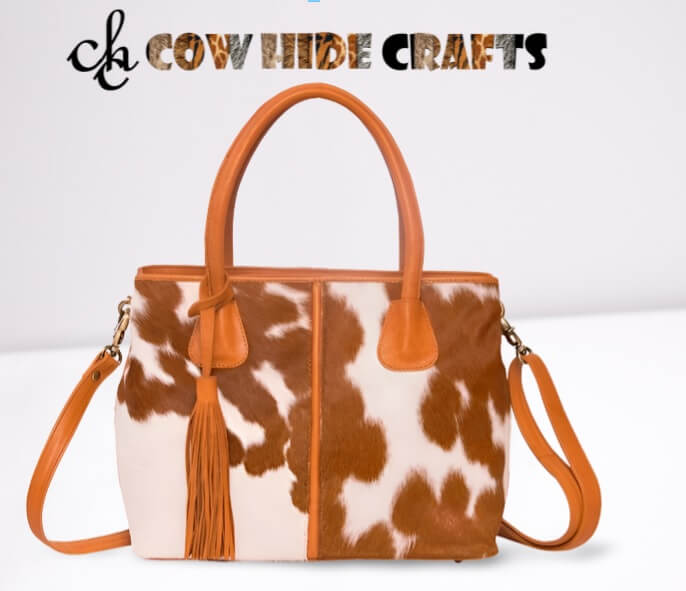 Single side cowhide bag tan white front tassel