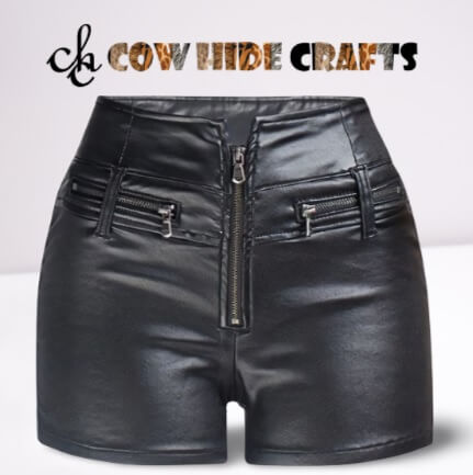 Women's skinny fit black sheepskin leather shorts front view