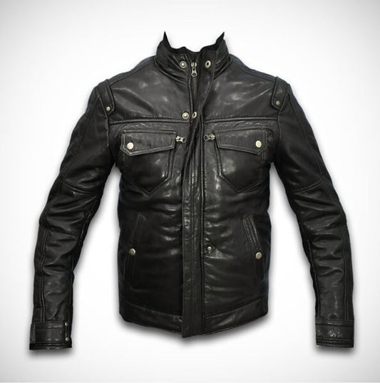 Unisex slim fit black sheepskin leather biker jacket