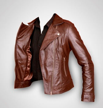 Slim fit brown sheepskin leather jacket women side view