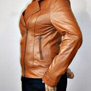 Slim fit cognac sheepskin leather jacket women side view