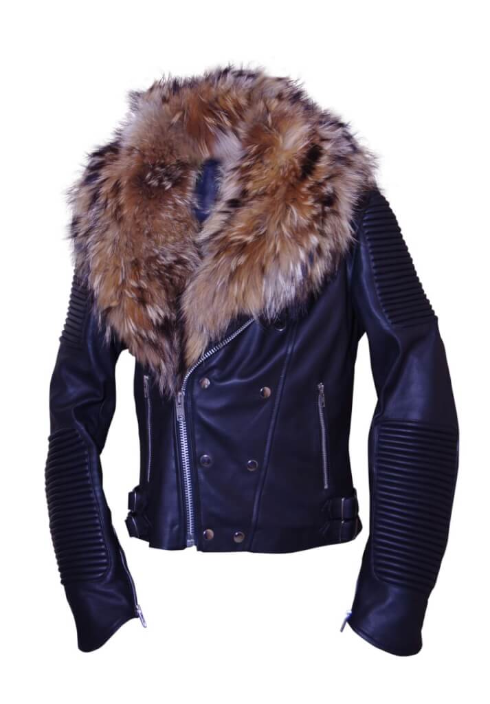 Women's slim fit leather jacket with detachable fur collar front