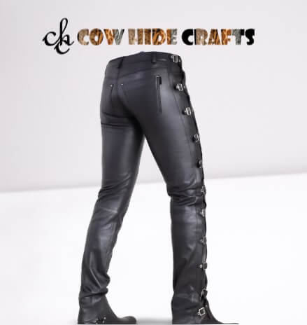 Slim fit sheepskin leather pants with buckle loops side view