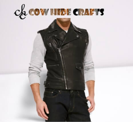 slim style bike vest black leather front zipper