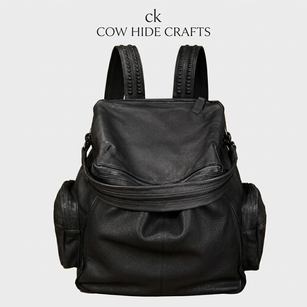 Slouchy studded leather backpack in solid black