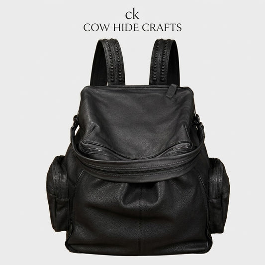 Slouchy studded leather backpack in solid black