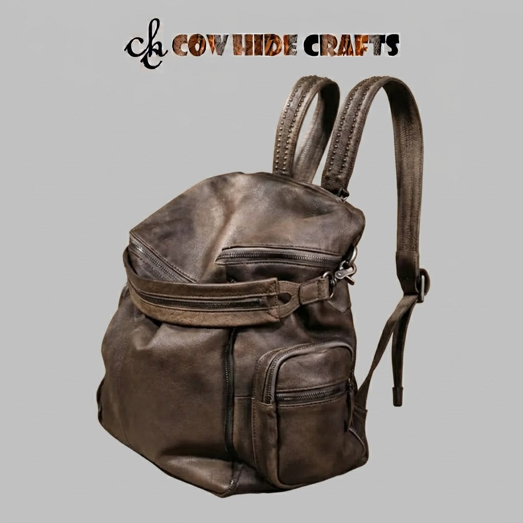 Slouchy studded leather backpack in weathered grayish-brown
