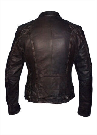 Small quilting design detail on brown leather bomber jacket