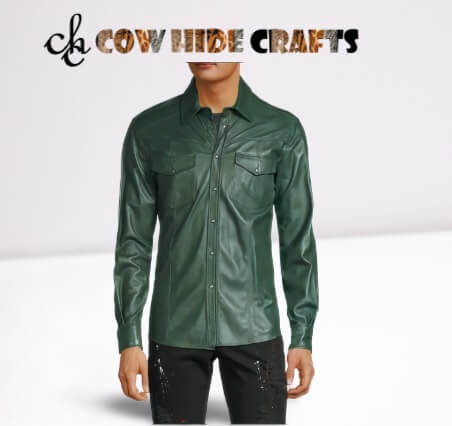 Snap button and classic collar detail on lightweight leather shirt