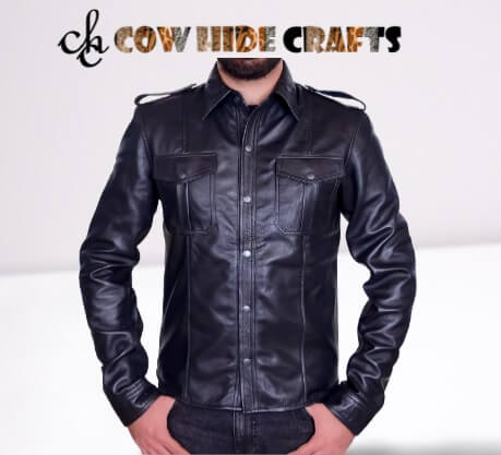 Snap button closure men's black leather shirt