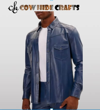Snap button and cuffs detail on tailor-made long leather shirt