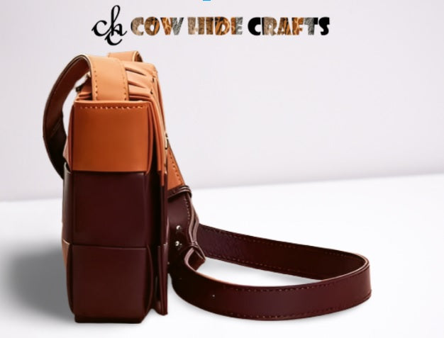 Square patch two-tone design detail on leather shoulder bag