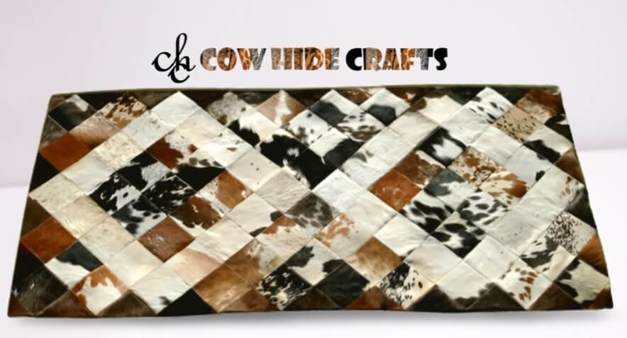 Square tile multicolor cowhide rug dining hallway decor