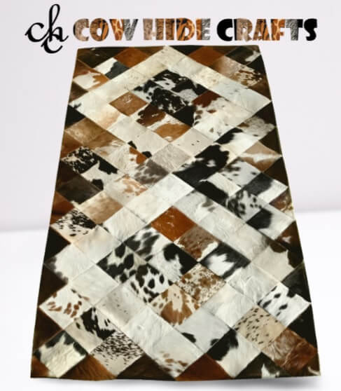 Square tile patchwork cowhide rug runner