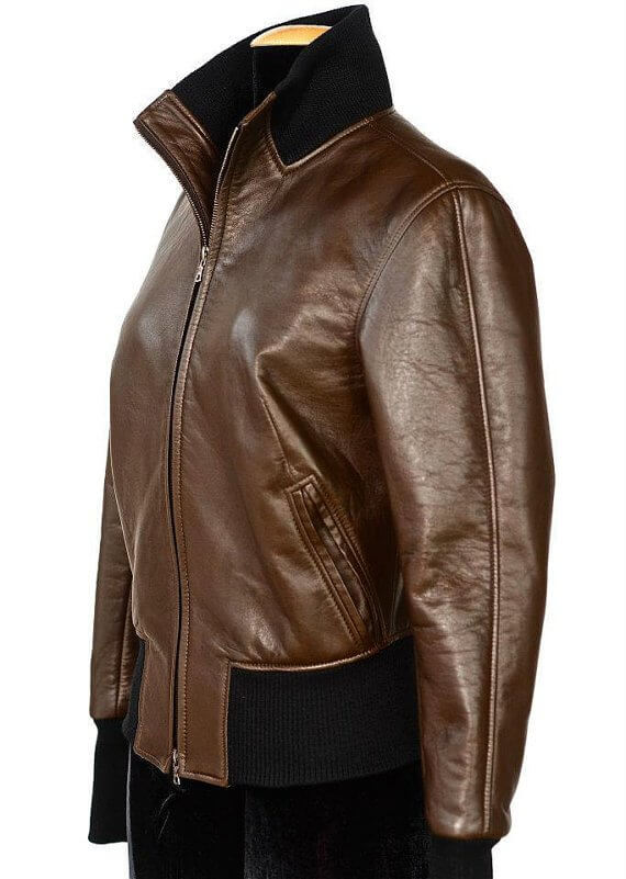Stand-up collar and elastic waist on brown sheepskin bomber jacket women