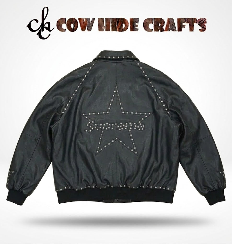 Star design in studs on the back panel of leather jacket