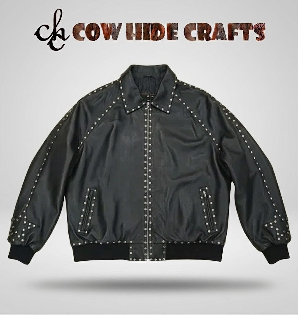 Star studded black leather bomber jacket front view
