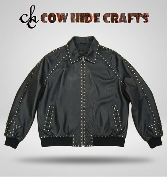 Star studded black leather bomber jacket front view