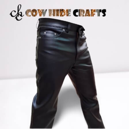Men's straight fit black leather pants denim style sheepskin trouser